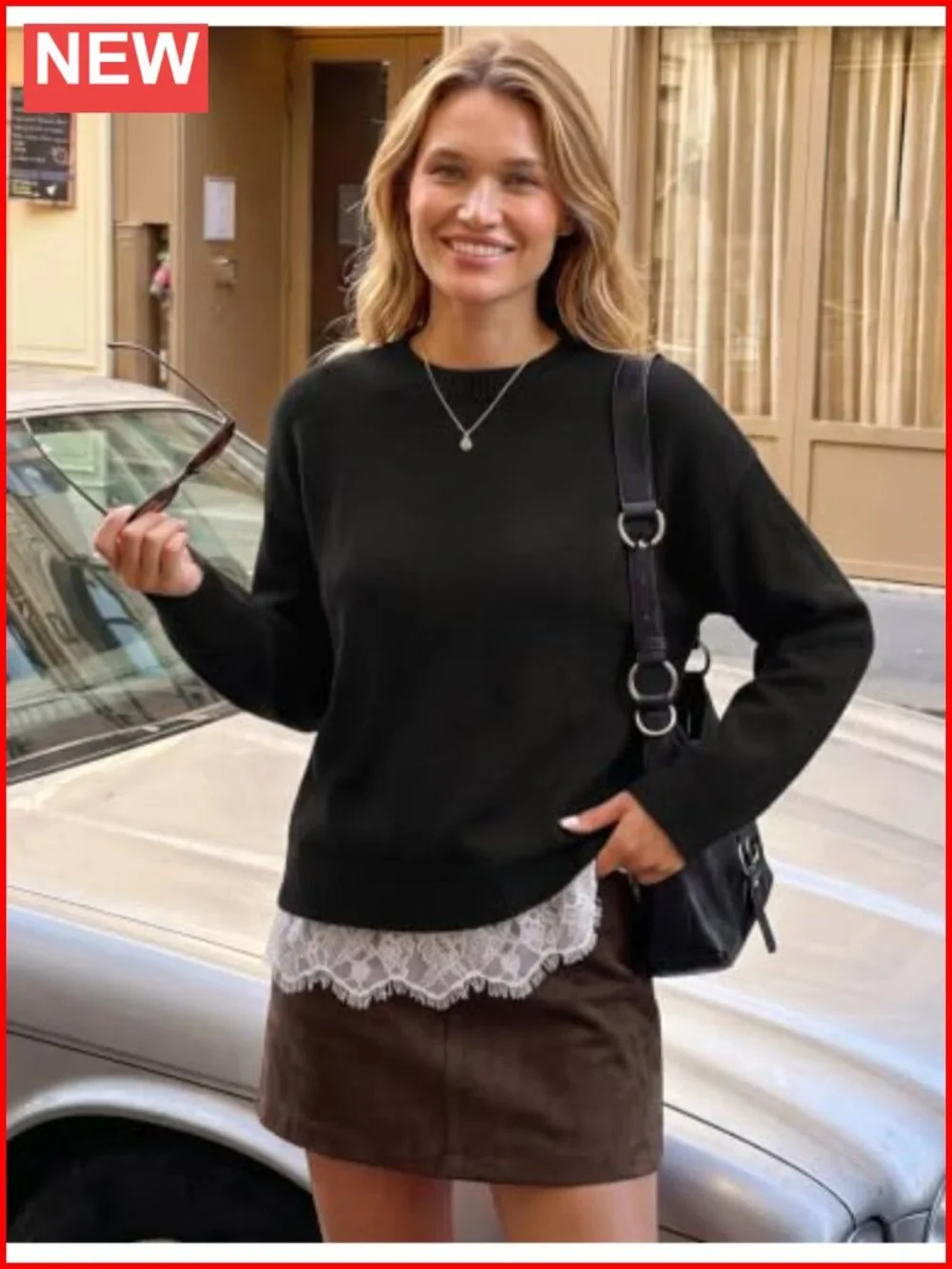 Oversized Lace Sweater Pullover Crew Neck Long Sleeve Knit